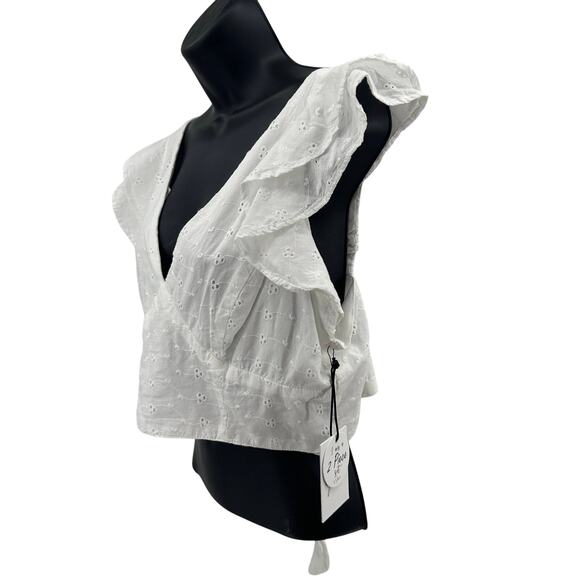 Japna Eyelet Crop Top Womens L White Deep V-Neck Flutter Sleeve Tie Back Cotton - Picture 5 of 9